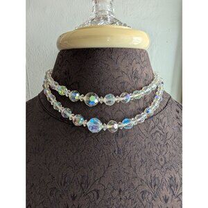 Vintage Aurora Borealis Crystal Beaded Double Strand Necklace With Silver-Tone C